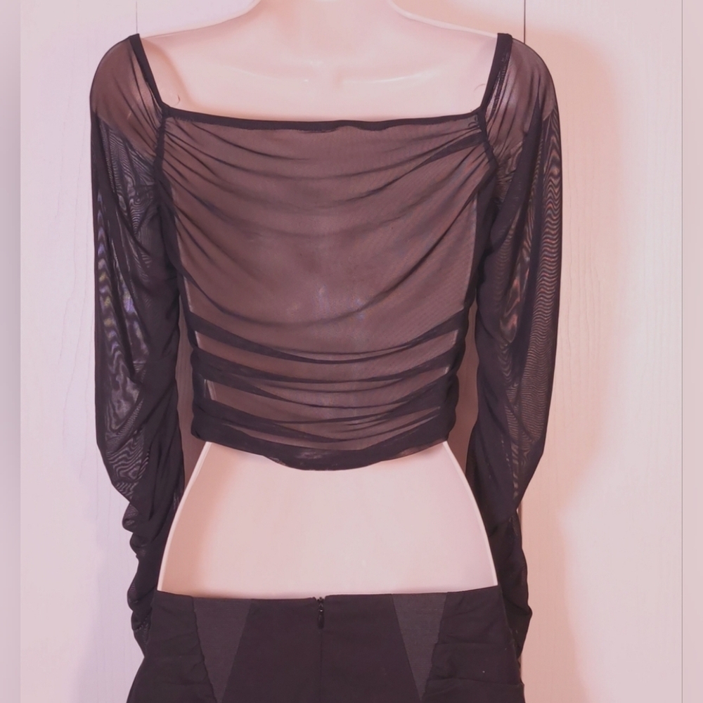 Cider Black Mesh Top Size Large Sheer Back Long Sheer Sleeves W Ruching Party - Picture 4 of 10